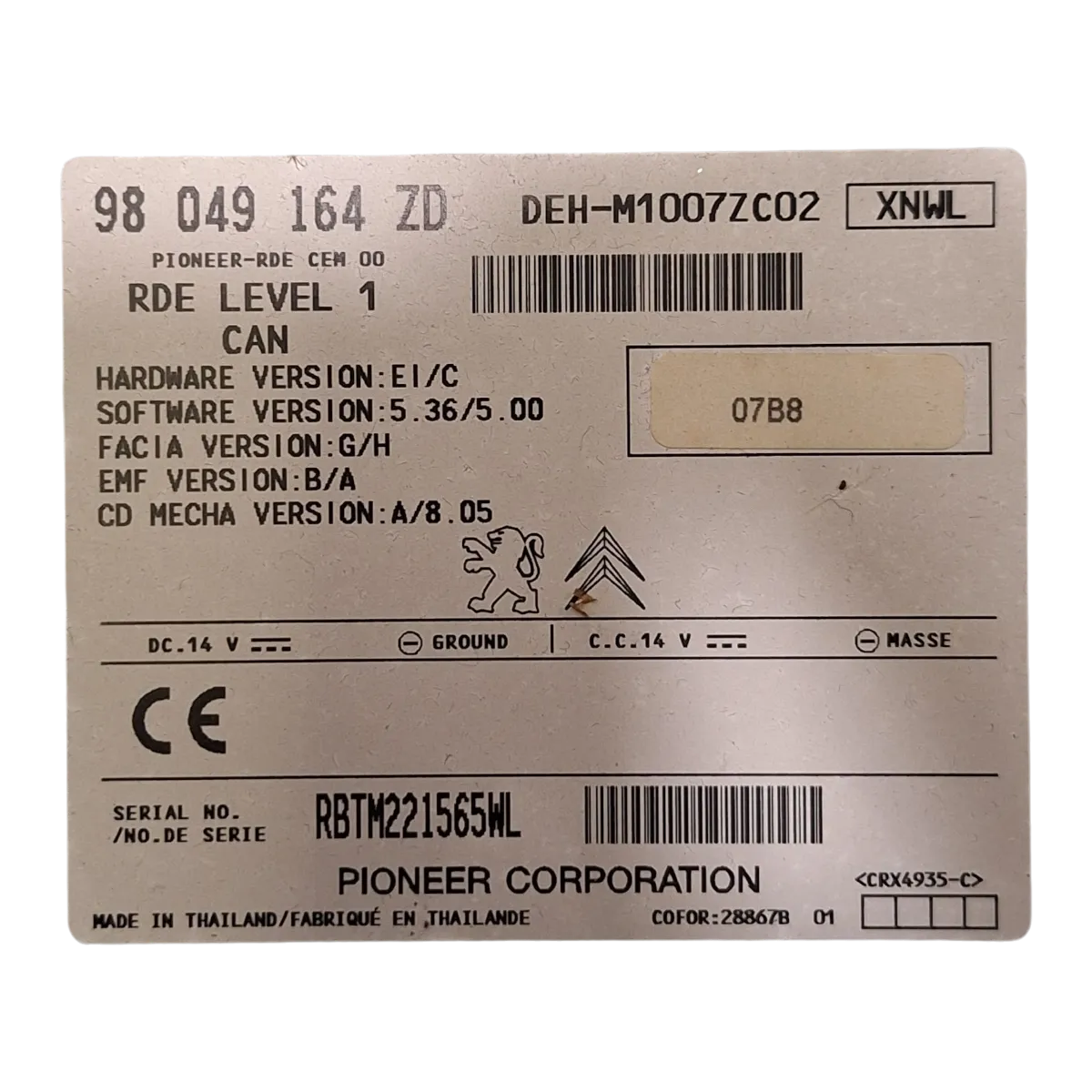 Citroen  C-Elysee   12-    radio/ CD    98049164ZD