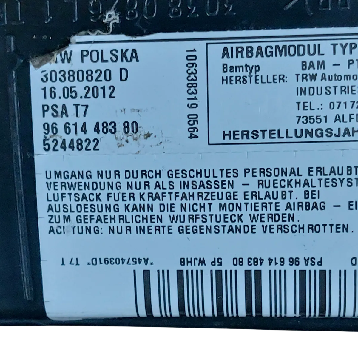 Peugeot 308 CC  09-15   airbag/ zračni jastuk sjedala lijevi donji  9661448380